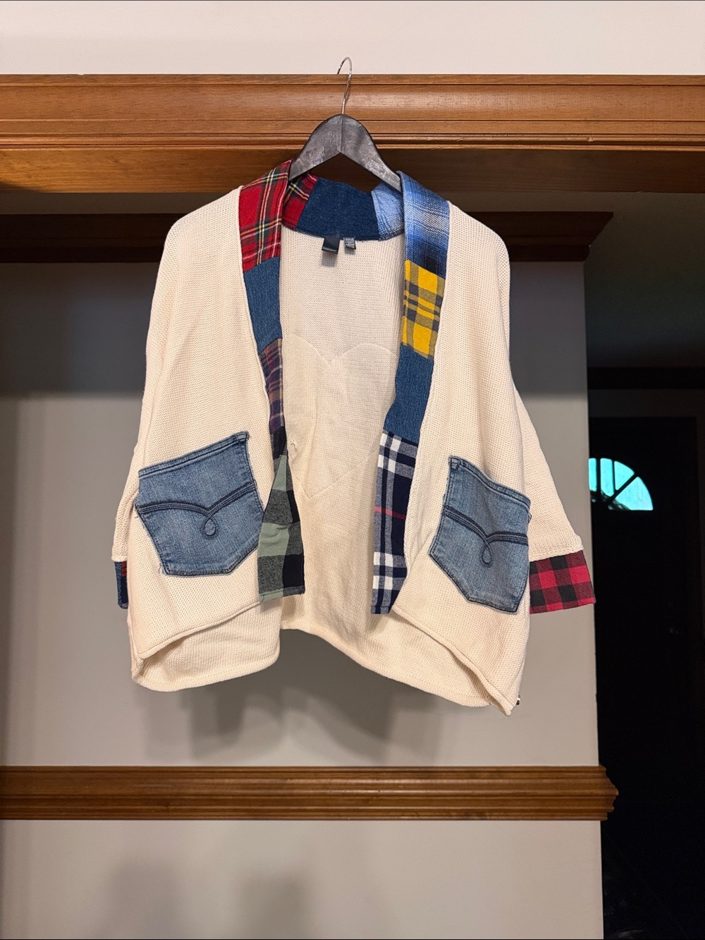 Cream Patchwork Trim Open-Front Cardigan Sweater